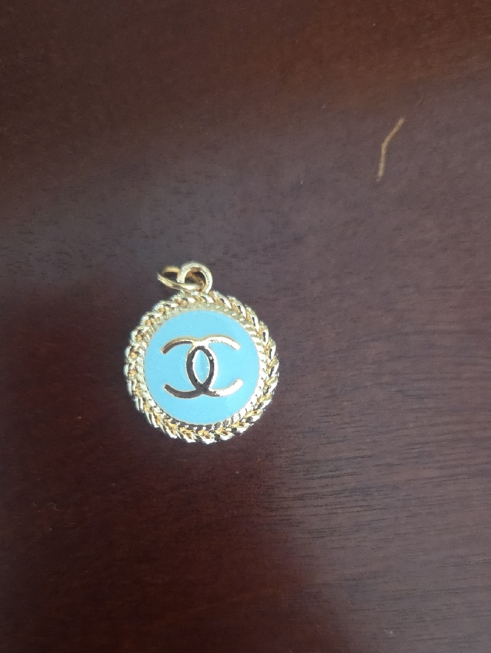 Stamped Gold-Tone Pendant with Aqua Blue Enamel